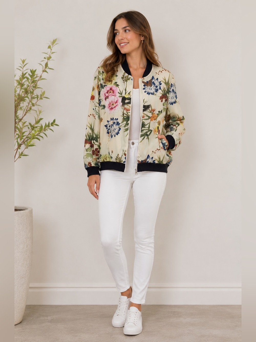 Bagatelle Floral Bomber Jacket – Cream Botanical Print with Black Trim